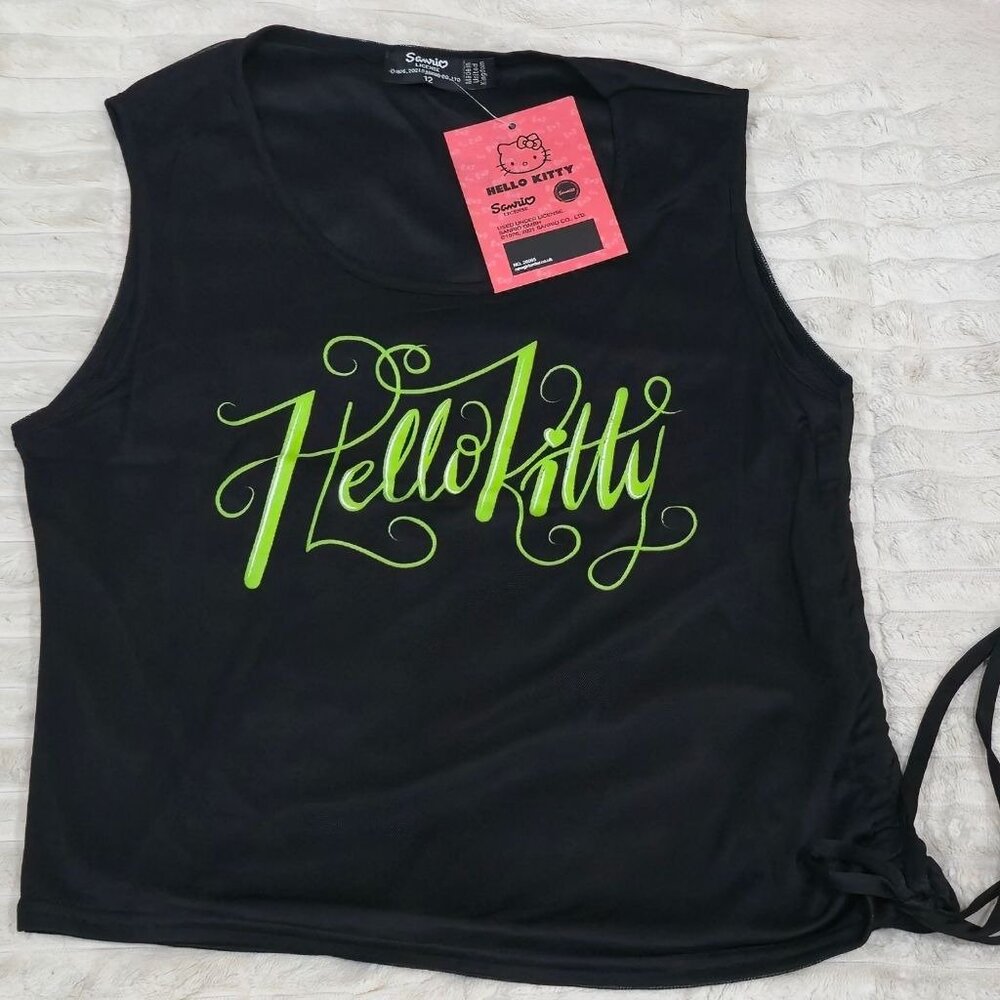 Sanrio Hello Kitty ✦ Black Neon Green Mesh Set ✦ Ruched Tank & Shorts L/M NWT - Picture 4 of 10